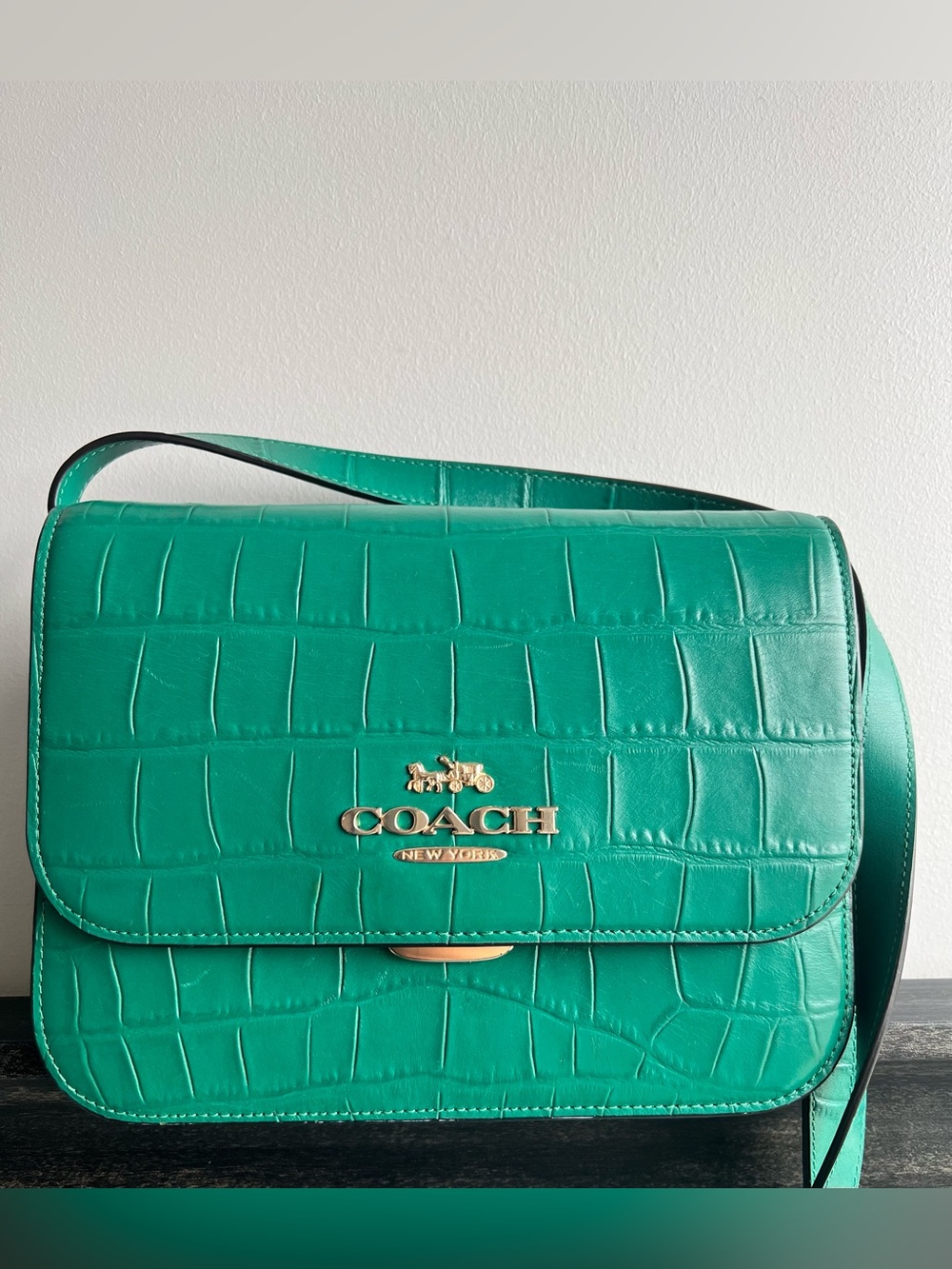 COACH Emerald Green Croc-Embossed Leather Shoulder Bag with Gold Hardware